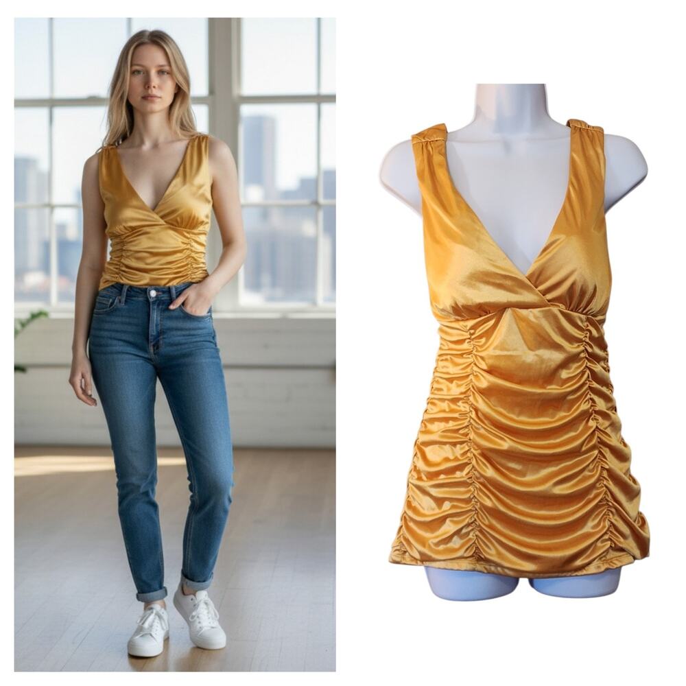 Studio Y Womens Top Size L Yellow-Gold Sleeveless Drape Ruched Formal V-Neck